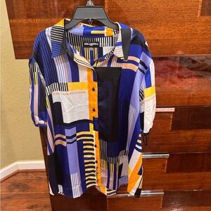Karl Lagerfeld Geometric Print Button-Up Blouse in Blue, Yellow, Black, White